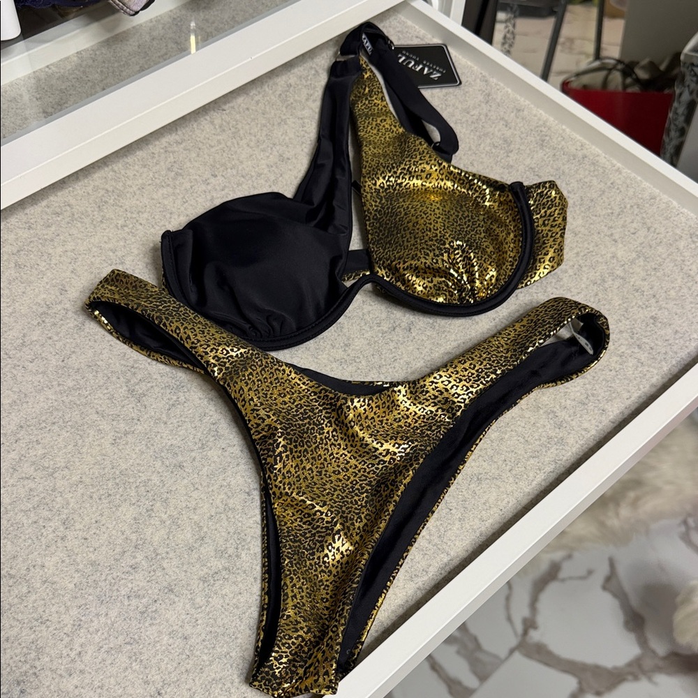 Zaful Gold and Black Animal Print Bikini